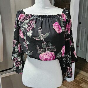 Charlotte Russe XS Nylon Crop Long Flowing Sleeve Floral Top